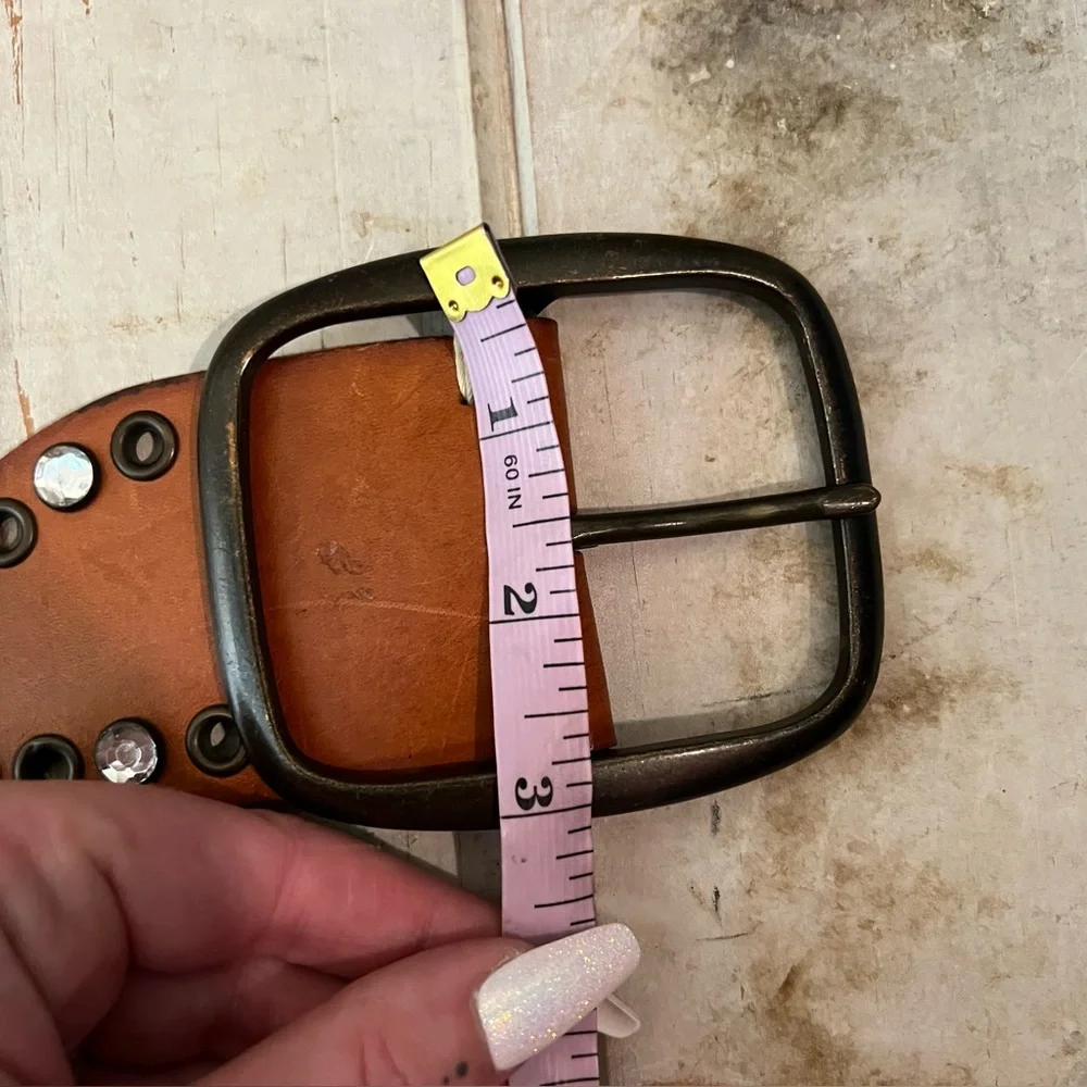 GAP Wide Tan Leather Studded Waist Belt with Crystal Accents